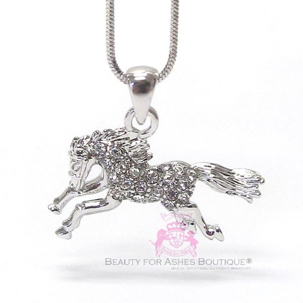 Miniature Galloping Arabian Horse Crystal Charm Necklace